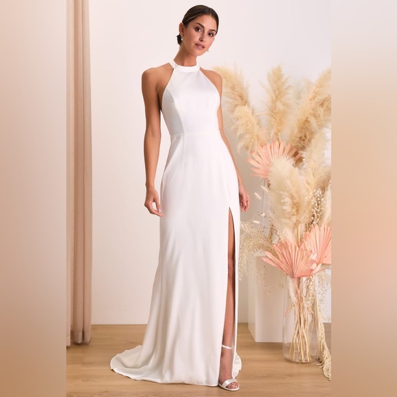 NWOT Radiant Adoration White Satin Lace Backless Halter Maxi Dress - Picture 2 of 4